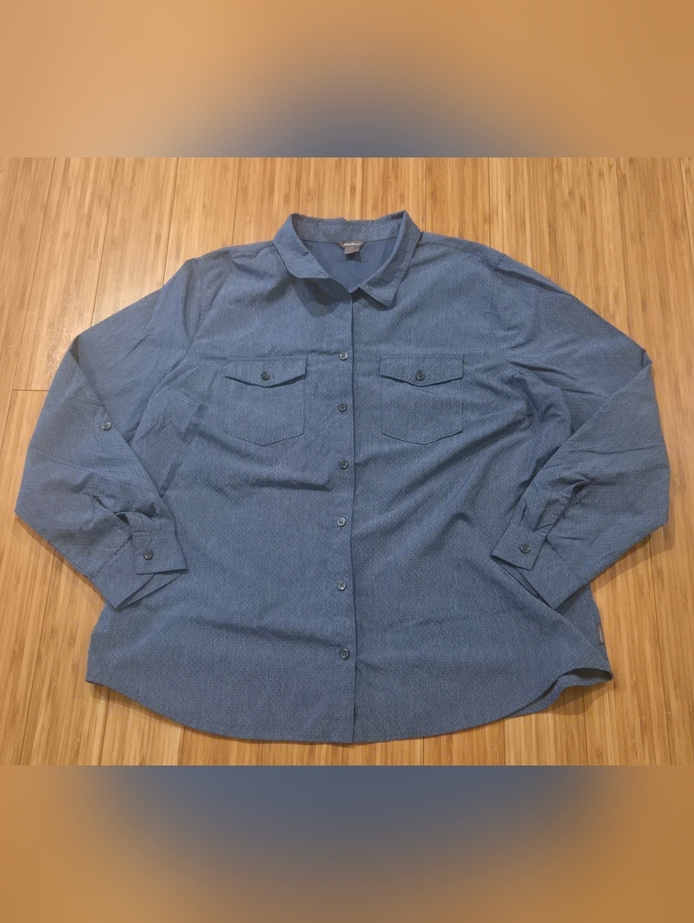 Eddie Bauer Blue Textured Denim-Style Top with Logo Tag
